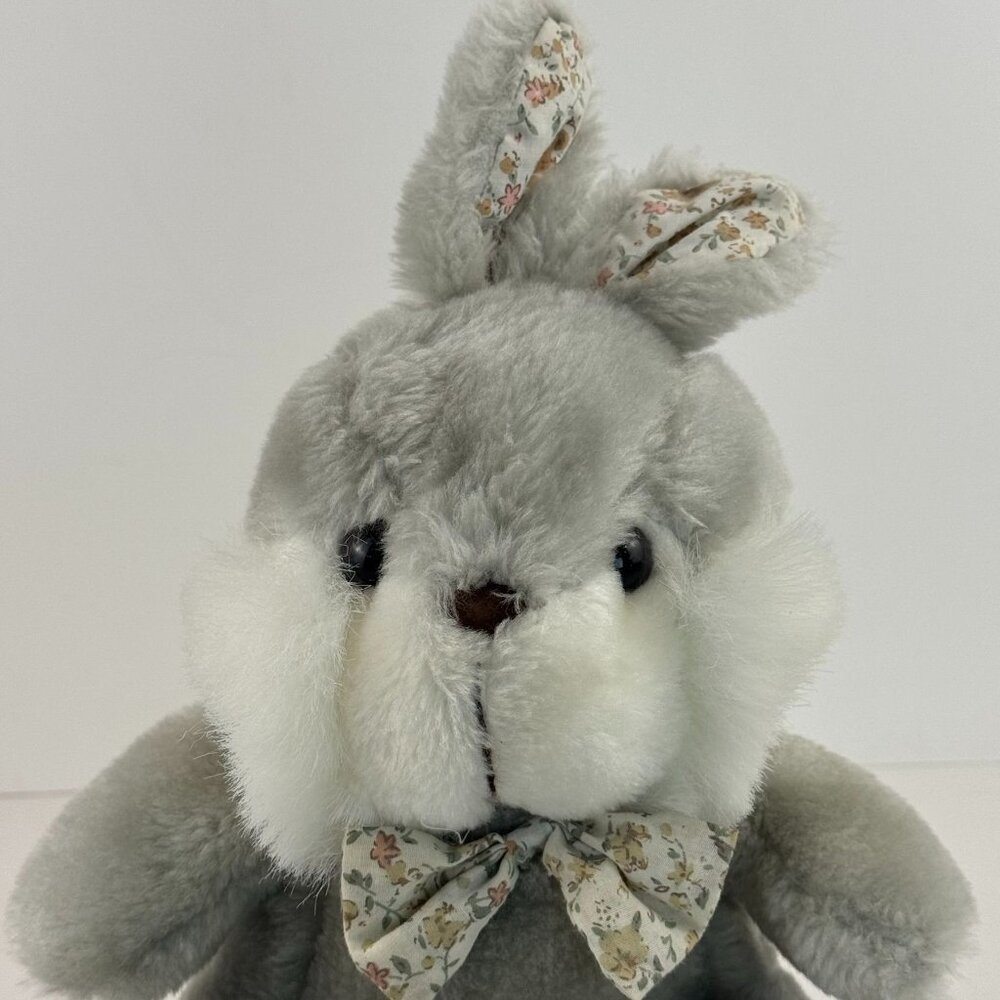 Vtg Cuddle Wit Plush Gray Bunny 12" Eater Rabbit Floral Ears Bow Tie Stuffed Toy